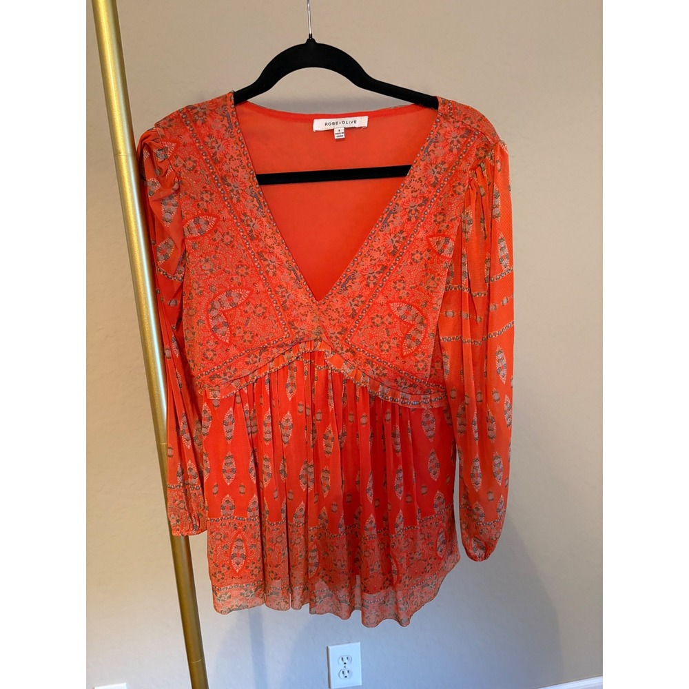 Rose + Olive Orange Boho Mesh Babydoll Empire Waist S Festival Indie Retro Y2K
